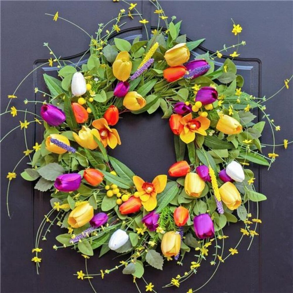 Colorful Tulip Daisy Wreath 24 Inch Spring Door Decor